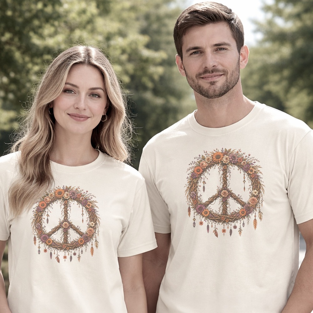 Peace Symbol Woven from Flowering Vines and Hanging Crystals Tee